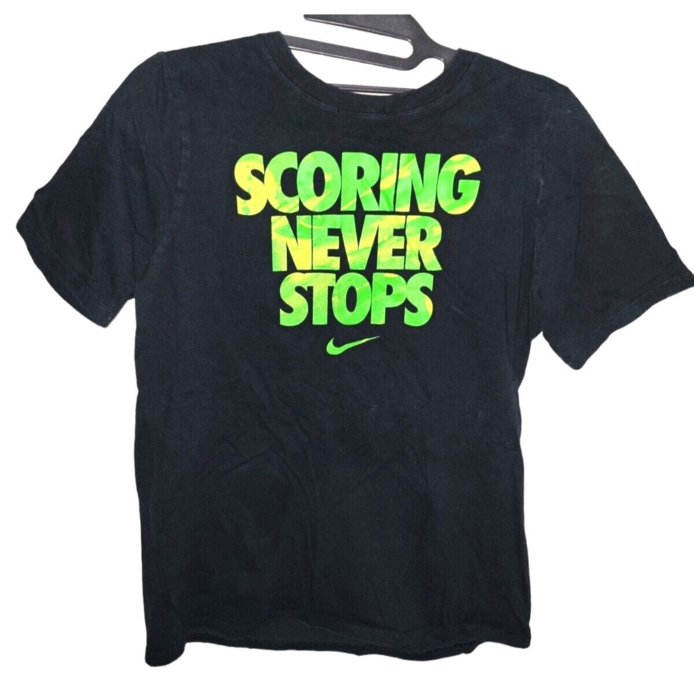 Nike‎ Boys XL Graphic Tee Shirt Black Green Scoring Never Stops Crew Neck Youth